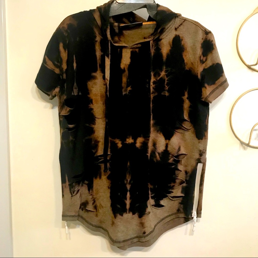 Black bleached tie dye ripped hoodie t-shirt Men size M